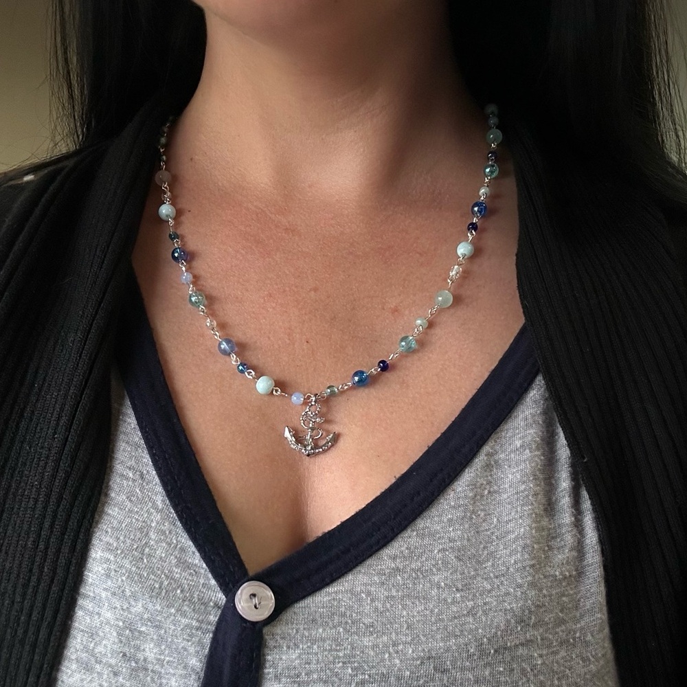 Handmade Nautical Blue and Silver Anchor Necklace